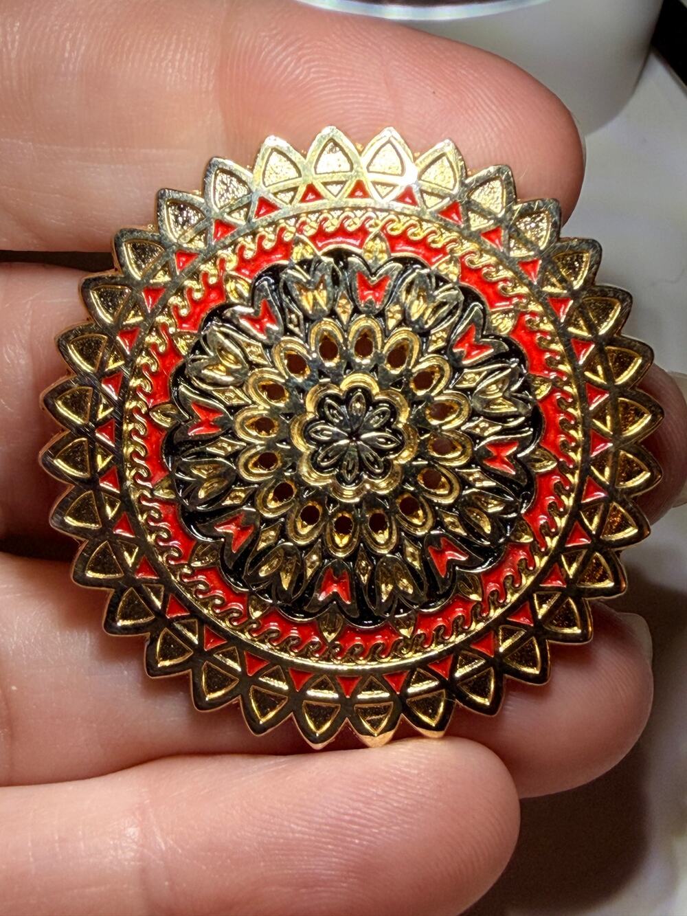 Roots Rock Rage Red Gold Black Mandala Enamel Lapel Hat Pin Sacred Geometry